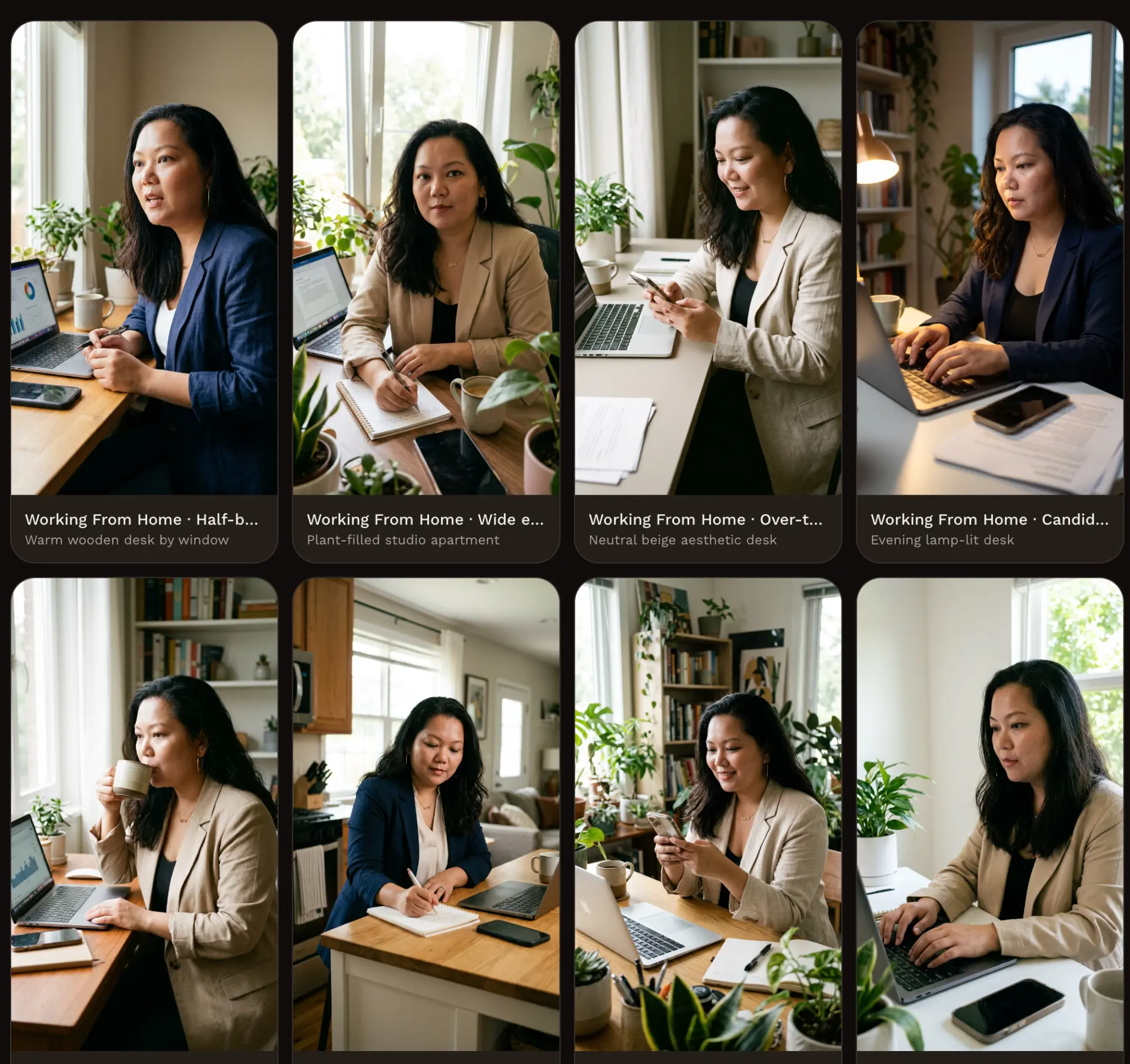 Grid of generated working-from-home lifestyle photos of the same person in different framings and settings