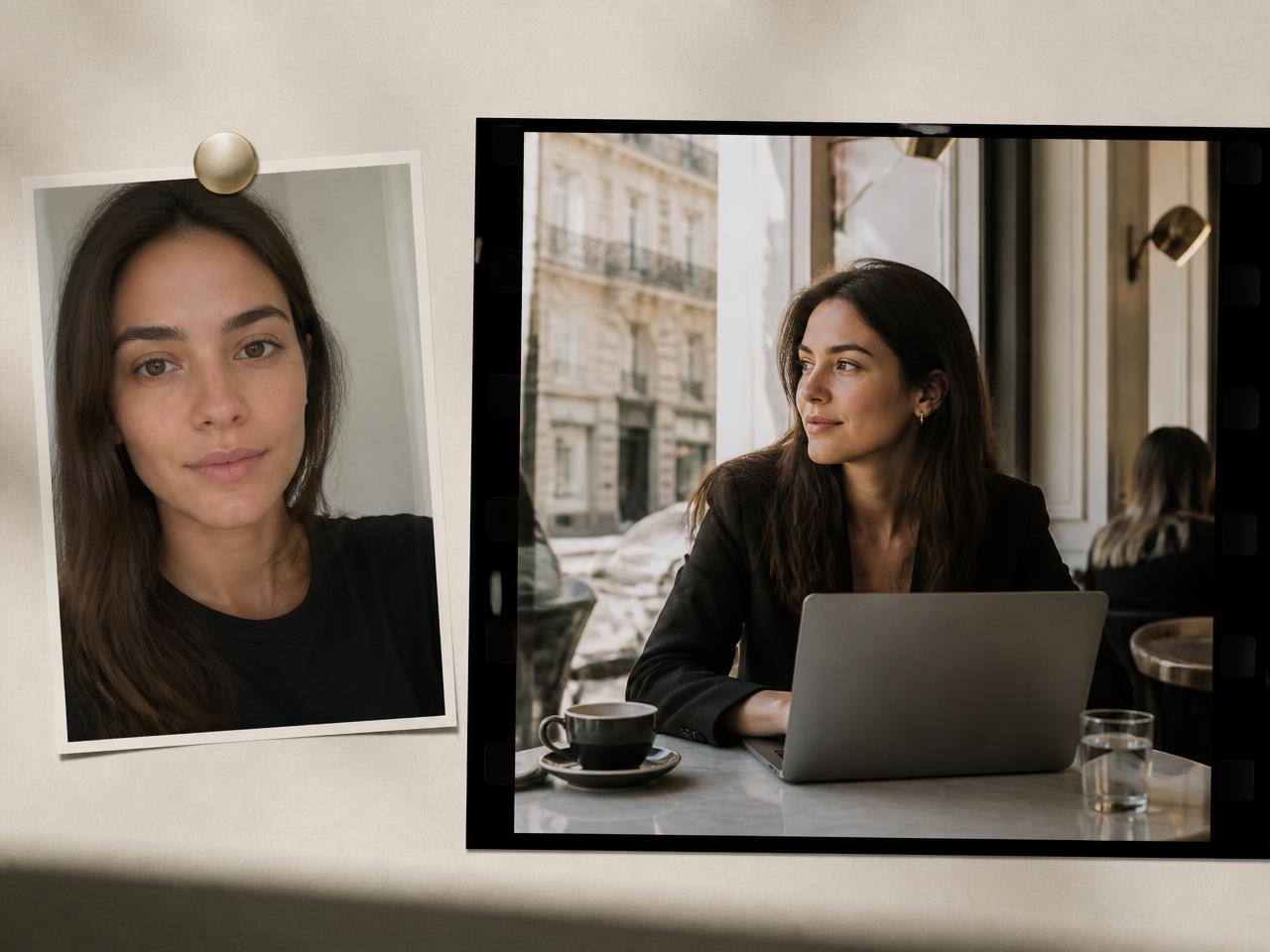 A plain selfie beside a realistic lifestyle photo of the same person in a coffee shop